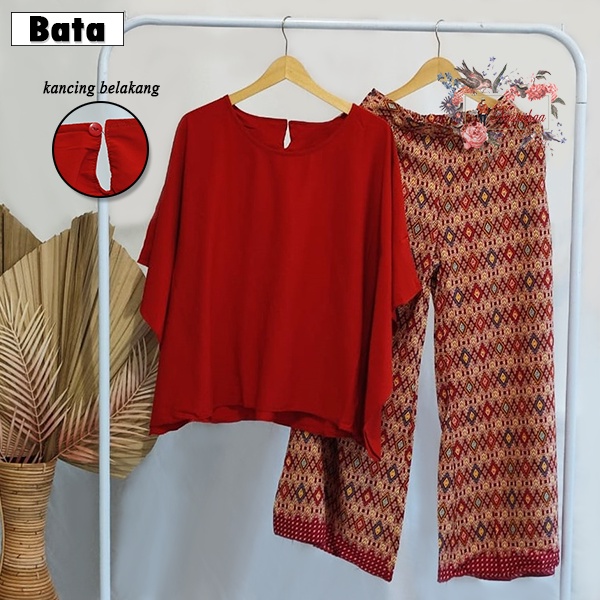 Setelan One Set Atasan Batwing Polos Kulot Celana Panjang Motif Batik Wanita Modern Kekinian SET Baju Celana Wanita Bahan Woll Peach Kombinasi Balotelli Fit XL