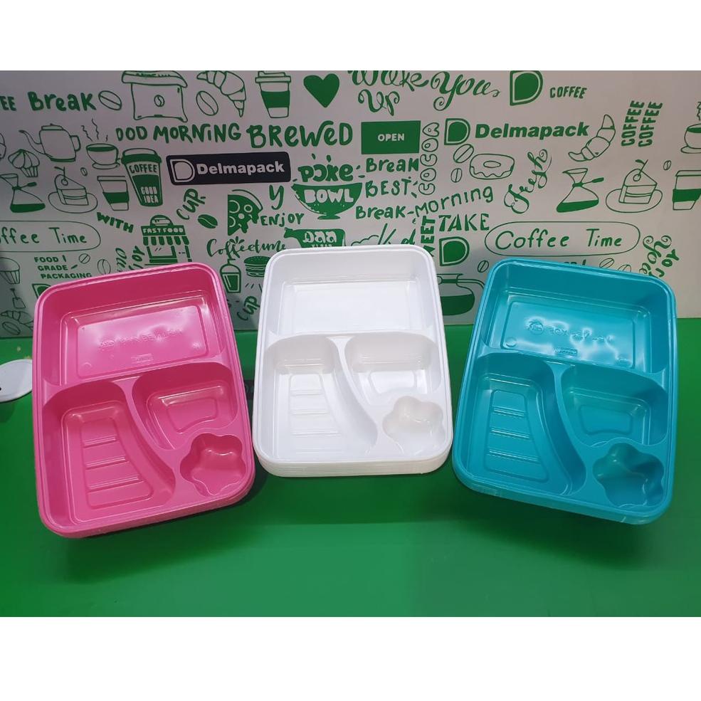 SALE TERBATAS MIKA BENTO 4 SEKAT WARNA - PINK PUTIH BIRU - TEBAL - FOOD SAFE - 50 PCS