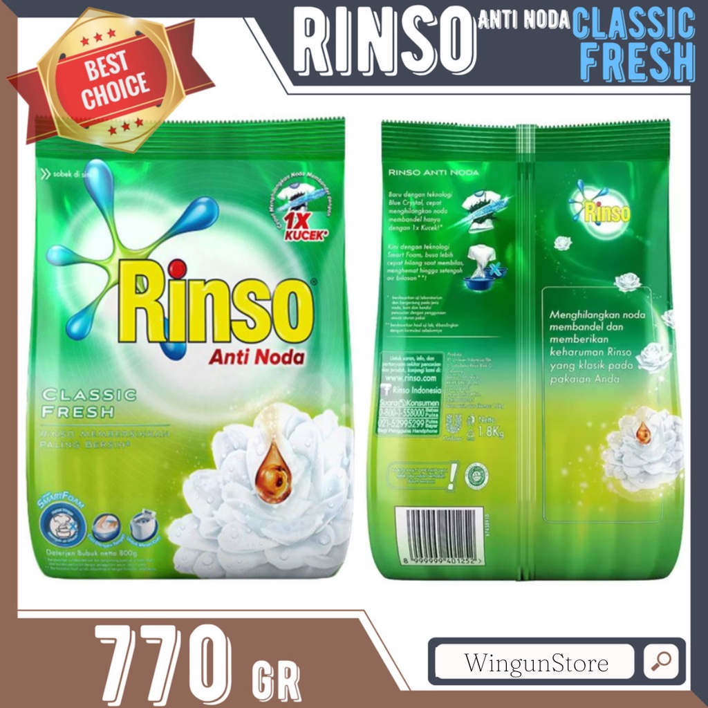 RINSO DETERJEN BUBUK 770g classic fresh detergent anti noda hijau 770 ml
