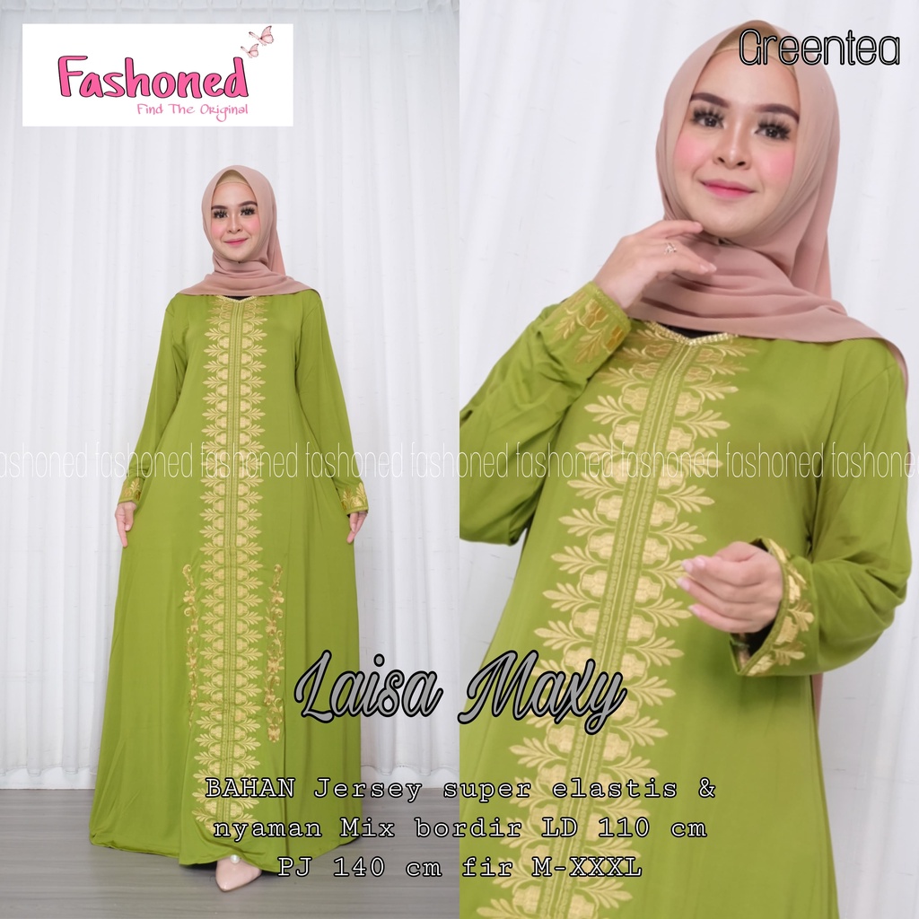 Dress remaja muslim lengan panjang jumbo polos terbaru Laisa Maxy murah motif bordir gamis arab arabian arabiana dres muslimah maxi greentea navi marun hitam moccarose purple botol grosir baju lebaran terbaru abaya arab termurah supplier gamis darvanis