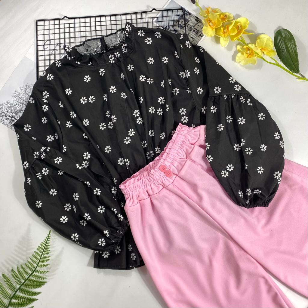 IL - SETELAN BYTHA MOTIF BUNGA TERBARU / ONE SET KULOT BUTTON 2 KANCING BAHAN CREPE PREMIUM-BYTHA HITAM+PINK