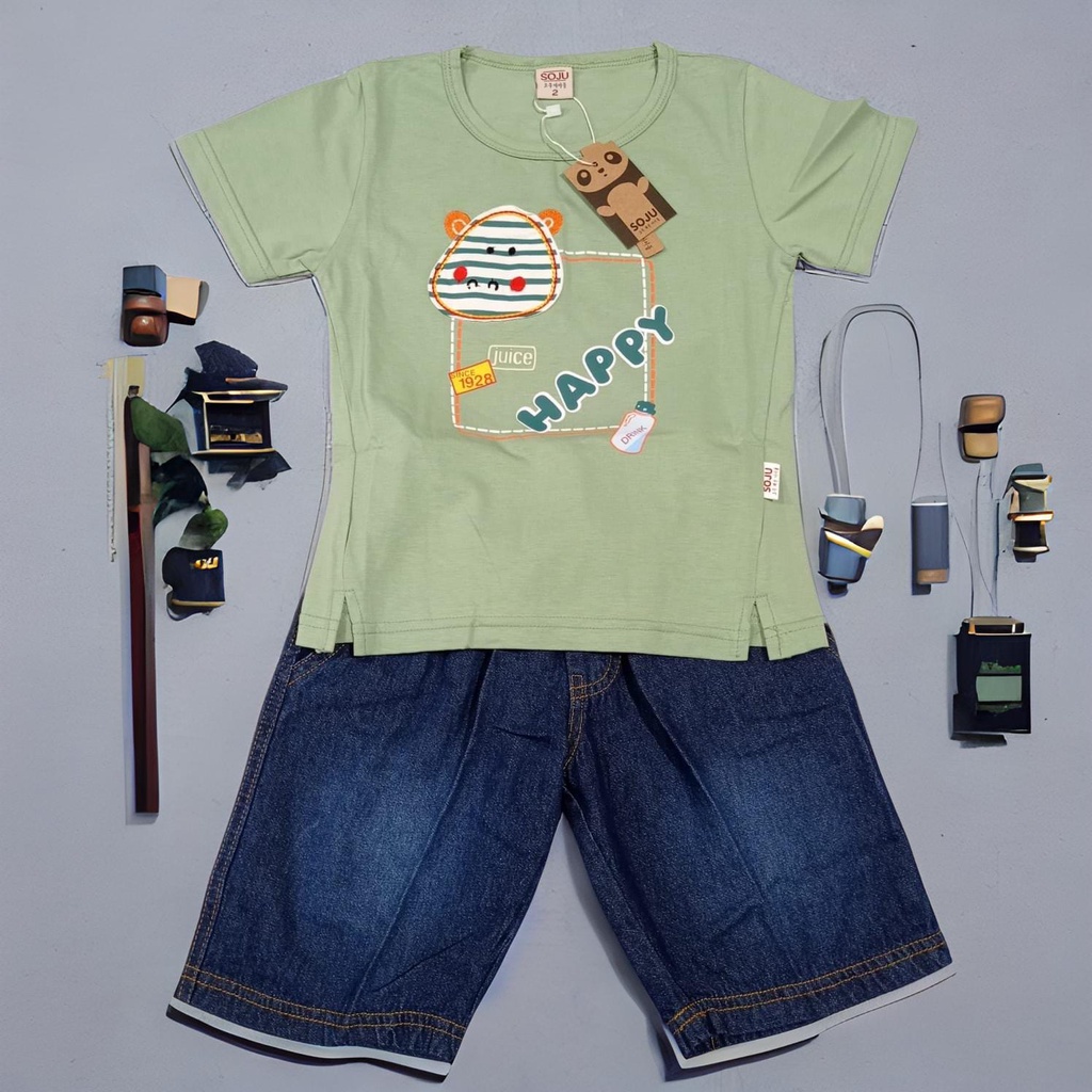 Setelan Kaos Oblong Lengan Pendek Celana Jeans 1-3 Tahun Katun