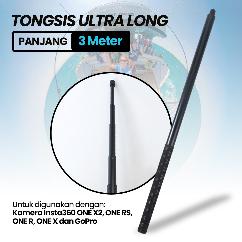 Tongsis Selfie Stick Ultra Long Invisible 3M for Insta360 GoPro - YZ530 - Black