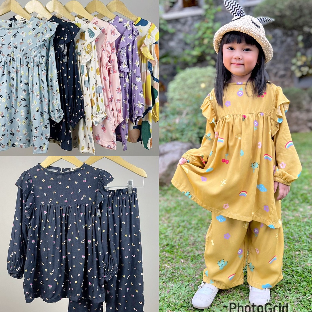 Smilee Eliza Set 1-5 Tahun Lucuna Setelan Panjang Ruffle Rayon Lebaran / Tunik Set Raya / Pakaian Muslim Anak Perempuan CBKS