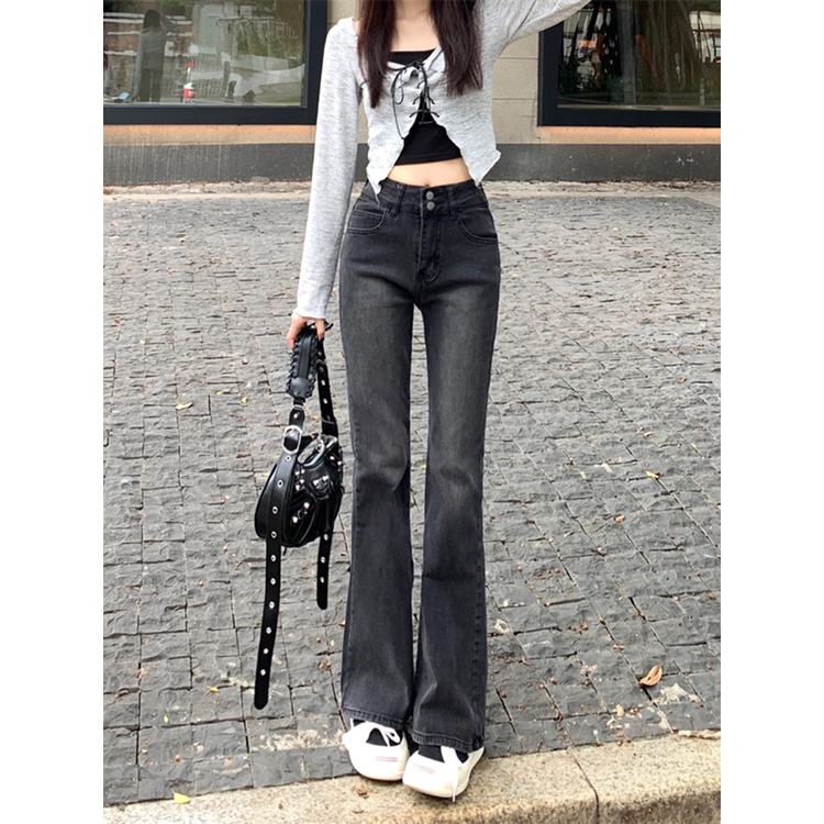 EUNII Celana Jeans Wanita Hitam High Waist Berkobar Celana Wanita Korean Style