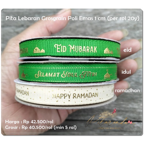 

ALB-309 : Pita Lebaran Grosgrain Import Poli Emas 1 cm (per rol 20y)