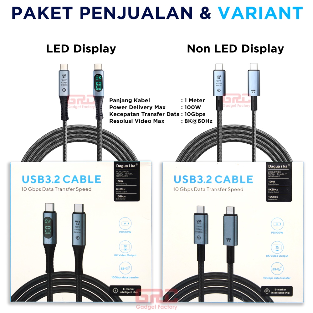 Kabel Data Charger Type C to Type-C Cable USB 3.2 PD 100W Video Output