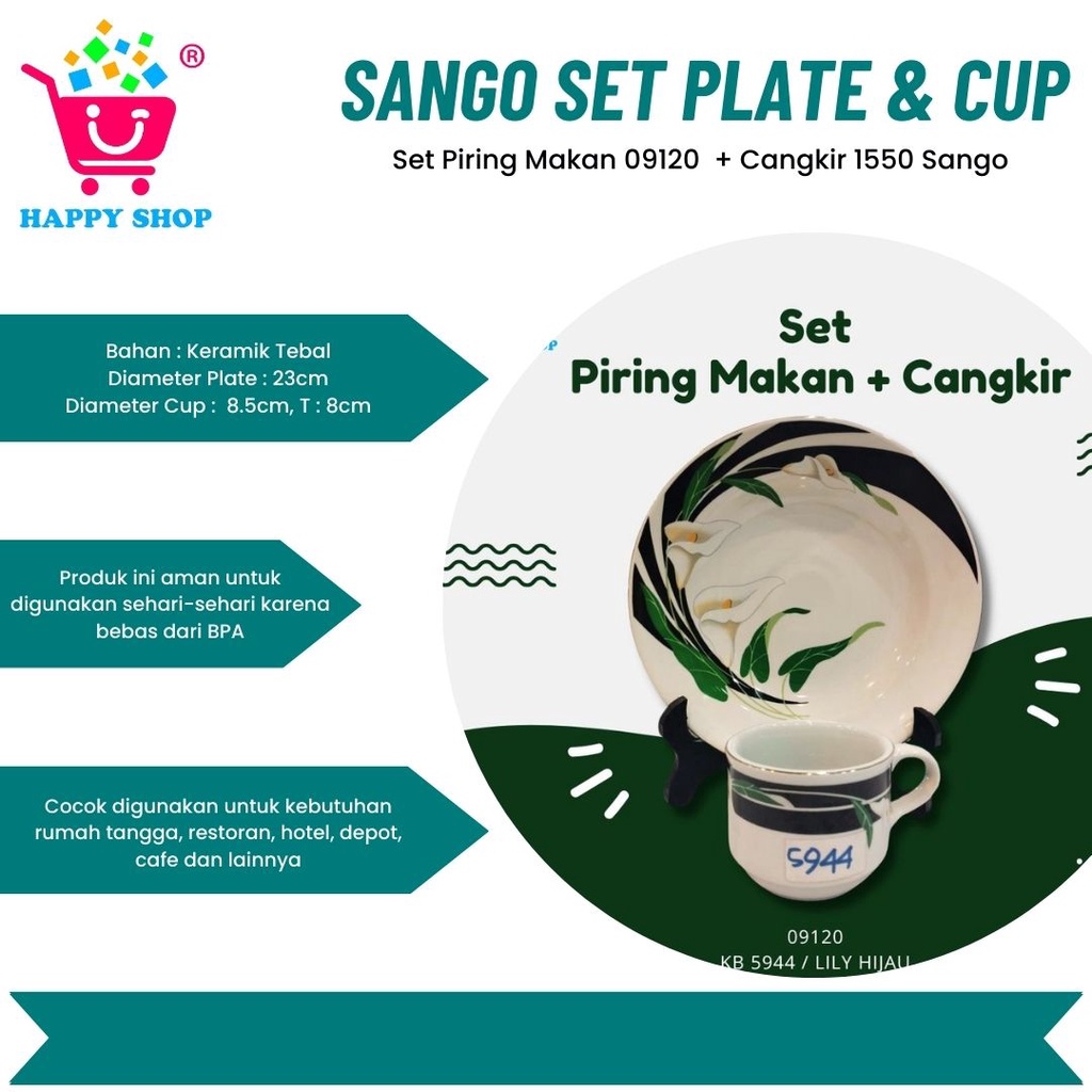 Sango Set Plate 9" 01920 + Cangkir 8.5" 1550 / Set Piring Cangkir Sango