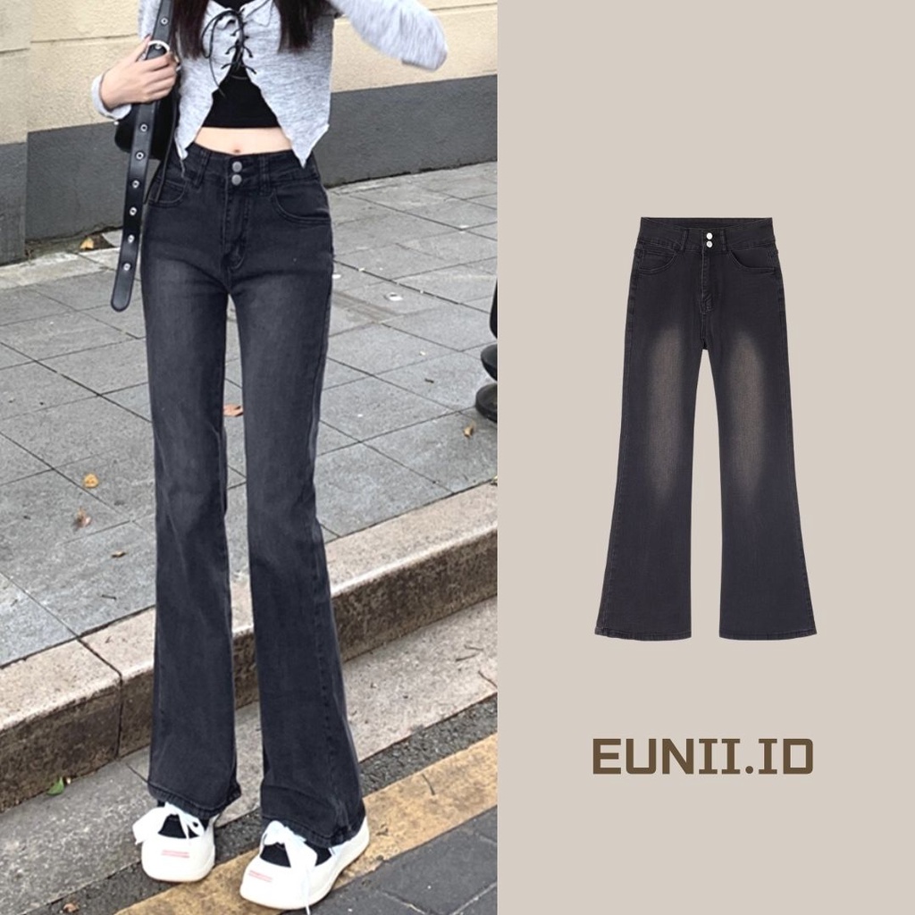 EUNII Celana Jeans Wanita Hitam High Waist Berkobar Celana Wanita Korean Style