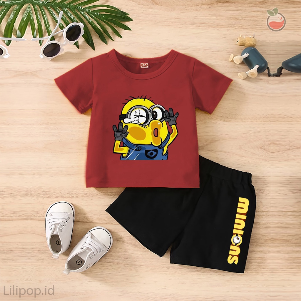 Baju Anak Stelan Kaos 3/4 MINION Cowok Cewek  Usia 1 - 4 Tahun Celana Pendek Harian