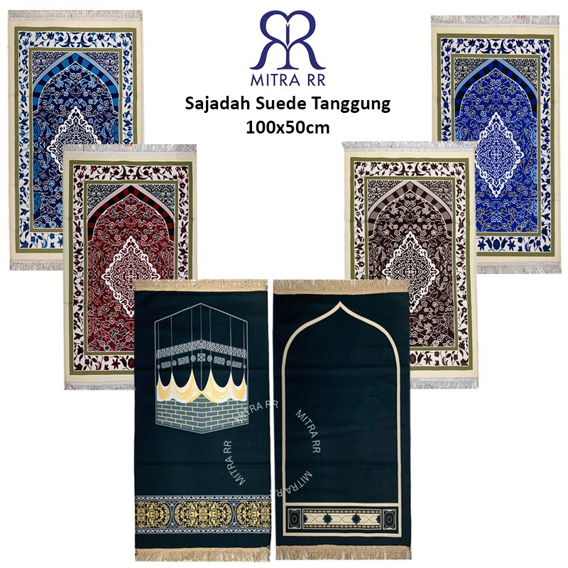 Sajadah Suede Tanggung Rumbai Tambang 100 x 50cm | Sajadah Midi Bahan Kalep Motif Kiswah Fantasy