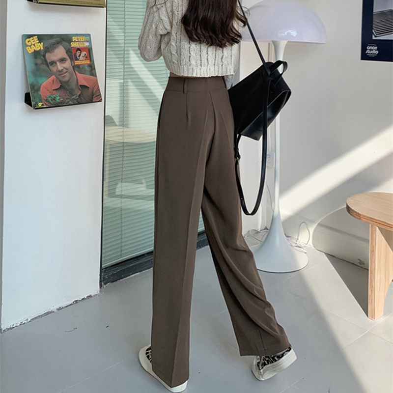 EUNII Celana Panjang Khaki Wanita Longgar Kasual Loose High Waist Straight Pants Korean Style