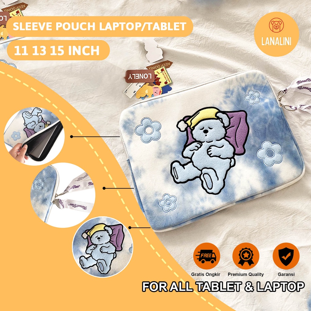 Sleeve Pouch Sarung Tas Bag Case Ipad Tab Tablet Macbook Air Pro Laptop Asus Acer Lenovo HP Huawei 11 12 13 14 15 inch Motif Gambar Beruang Bear Sleeping Warna Biru Putih Lucu Cute Murah Korean Model