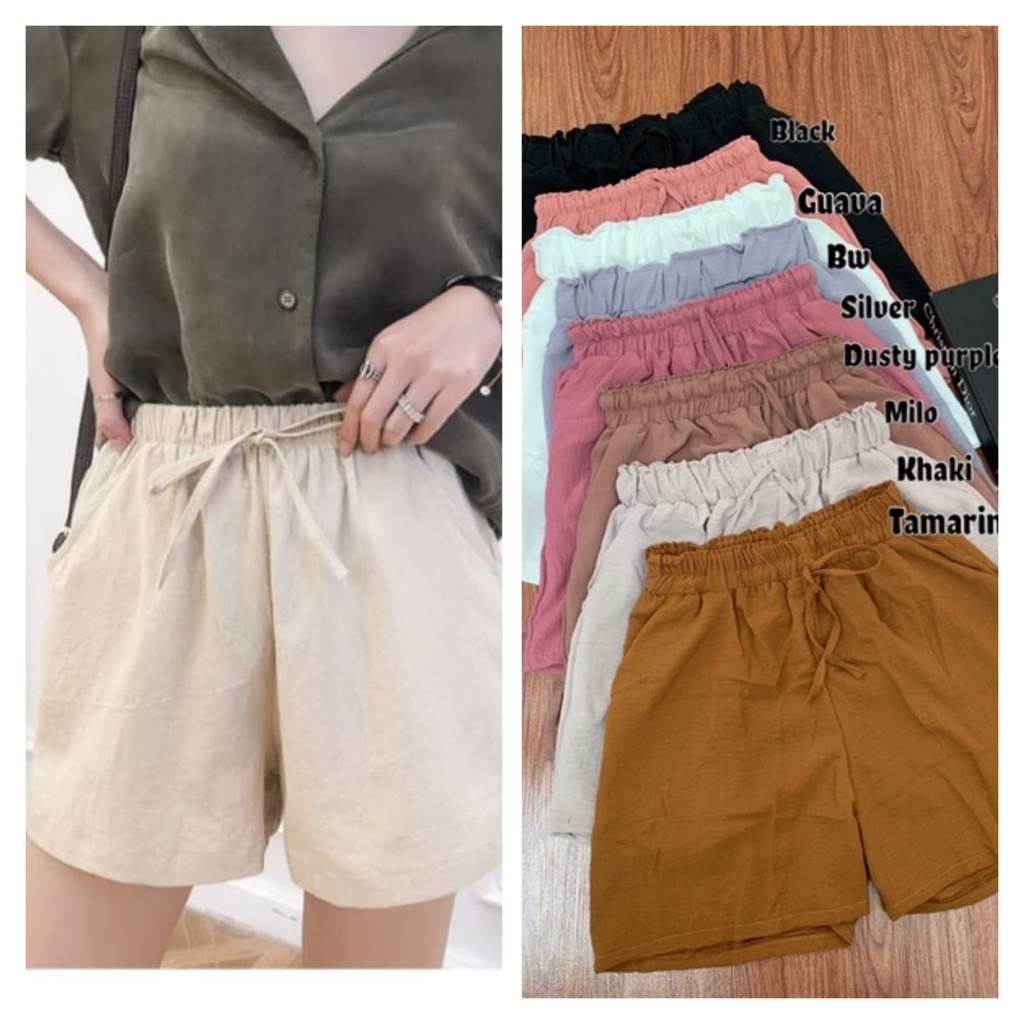 Hotpant Katun Twill  Tebal Pinggang Kerut