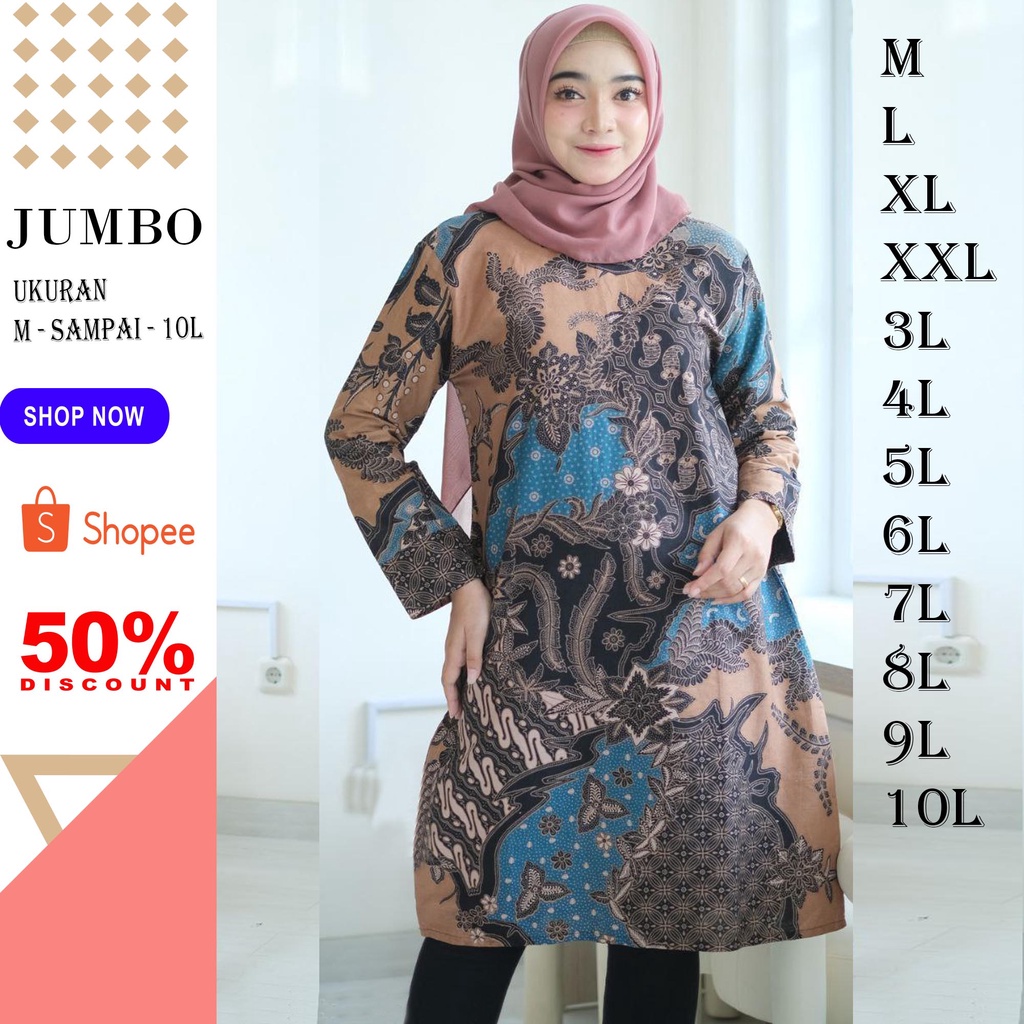 BAJU TUNIK WANITA JUMBO TUNIK BATIK JUMBO 3L 4L 5L 6L 7L 8L 9L 10L PAKAIAN WANITA SERAGAM BATIK TERB