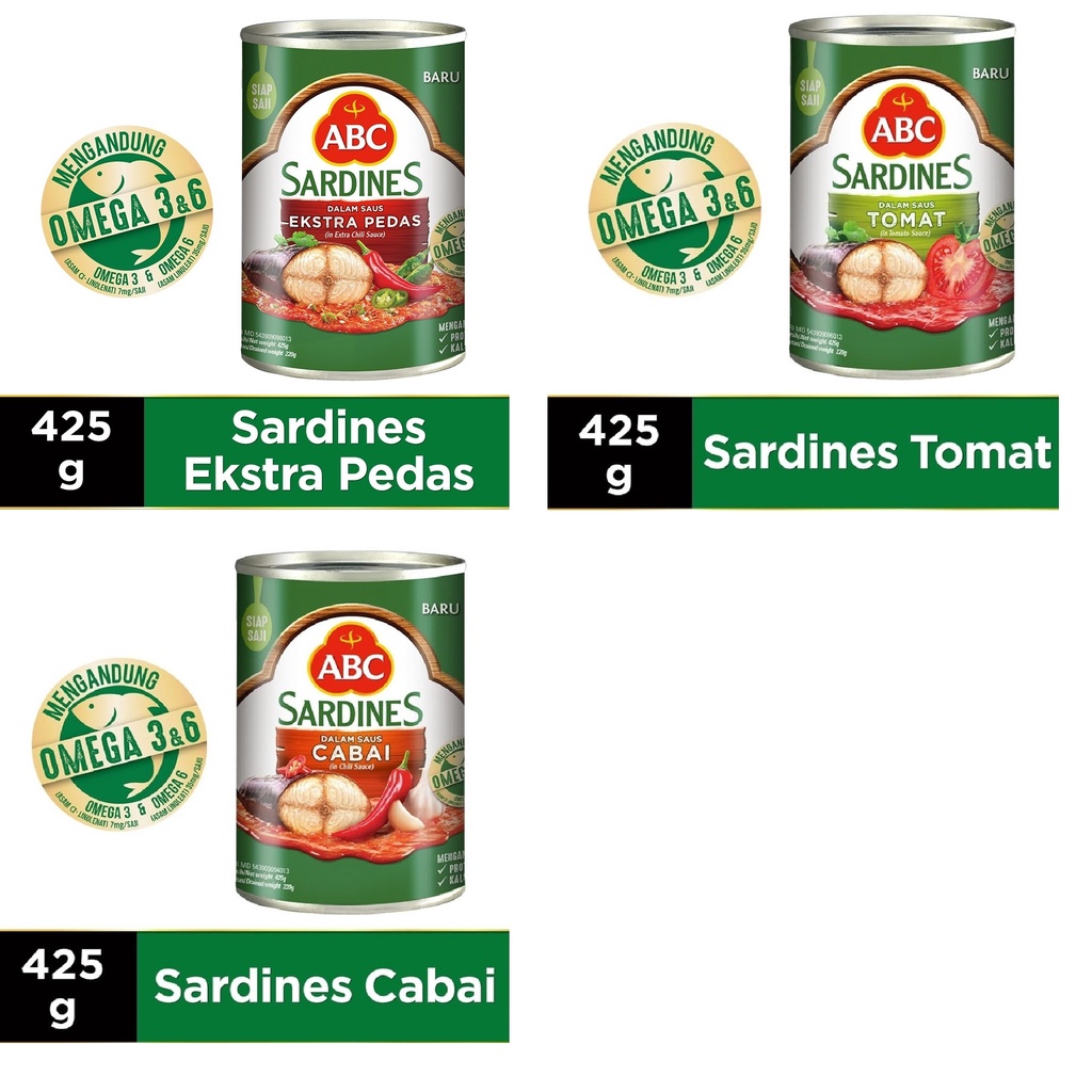 

ABC Sarden tomat 400 gr, cabai 400 gr dan ekstra pedas 400 gr