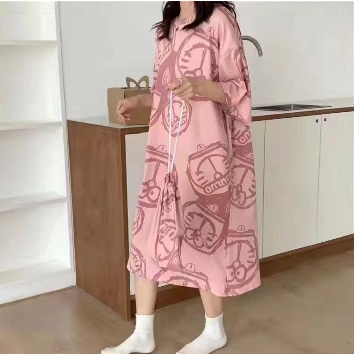daster Baju Daster Pendek Besar Wanita Baju Tidur  Korea Lengan Pendek Doraemon Pink A0H7 daster ara