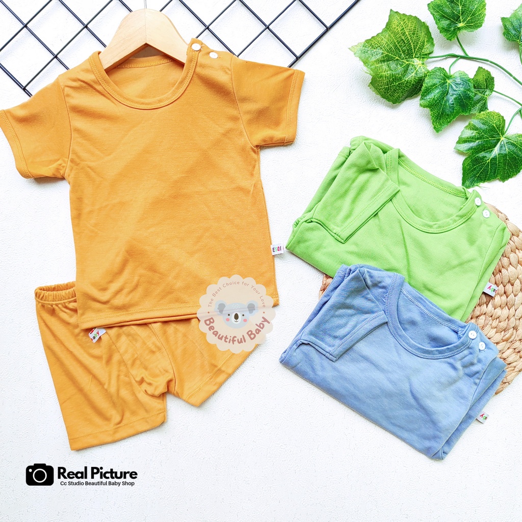 Baby.ou - Setelan Baju Bayi Lengan Pendek Celana Pendek Motif Polos / Setelan Harian Bayi / Kaos Oblong Bayi &amp; Anak Kancing Pundak