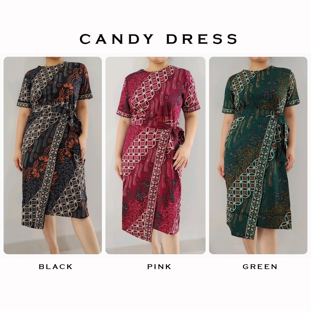 Evercloth Candy Dress Batik Wanita Dress Wanita Jumbo Batik Dress Pita Pinggang Gaun Batik Kerja Terusan