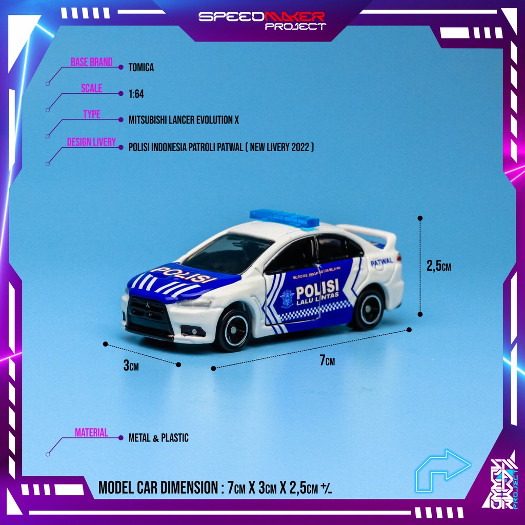 Tomica Custom Mitsubishi Lancer Evolution X Polisi Indonesia Patroli Lalu Lintas Patwal Diecast Mini