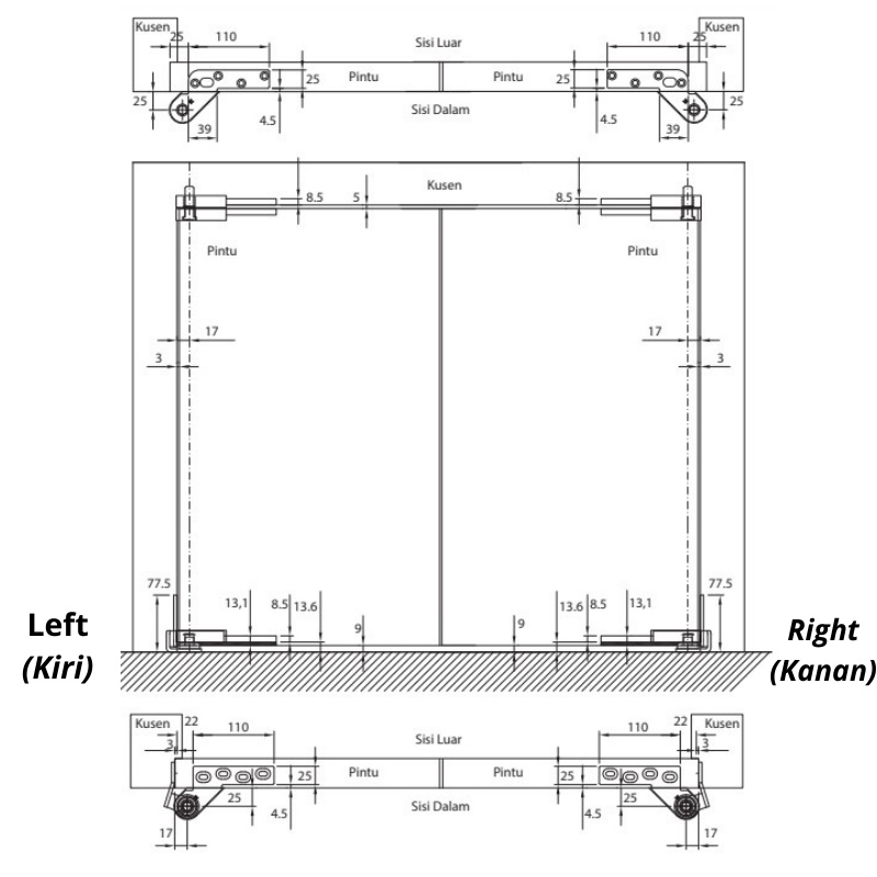 PALOMA ENGSEL PIVOT HINGE TANAM LANTAI PINTU KAYU OFFSET PVP 602 LEFT