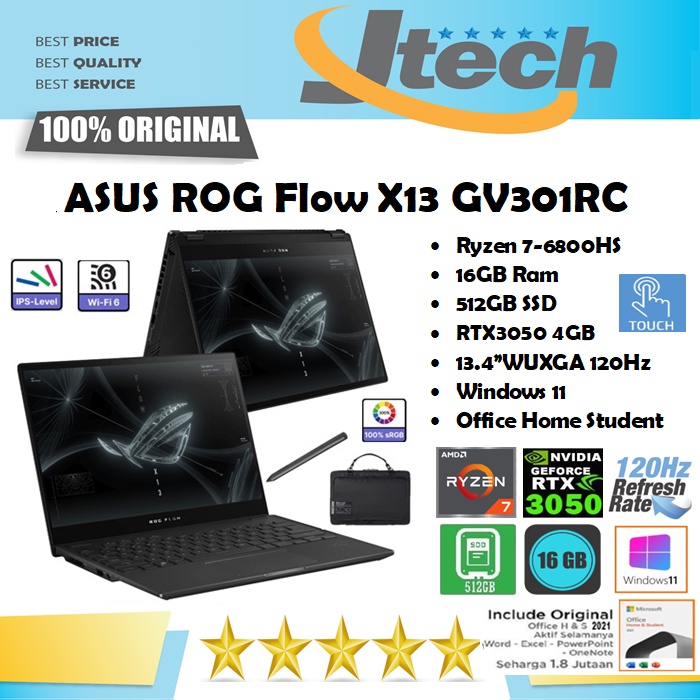 ASUS ROG Flow X13 GV301RC - RYZEN 7-6800HS - 16GB - 512GB SSD - RTX3050 4GB - 13.4&quot;WUXGA IPS TOUCH - WIN11 - OFFICE HOME STUDENT