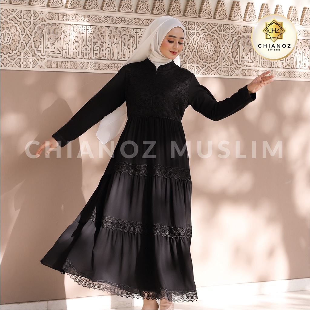 CHIANOZ Gamis Hitam Mewah Amelia  Dress Brukat Renda Baju Lebaran Umroh Haji Manasik Pesta Akad 504 220