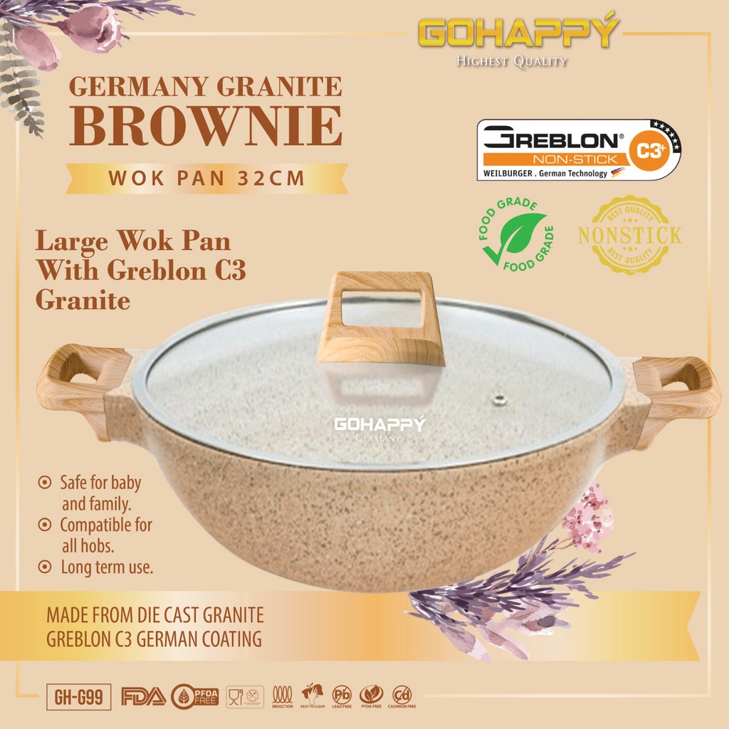 PANCI WOK PAN 32CM Brownie Gohappy Germany Granite Jerman | Wajan GRANITE penggorengan KUAT super besar teknology die cast greblon C3 Jerman KERAMIK CERAMIC