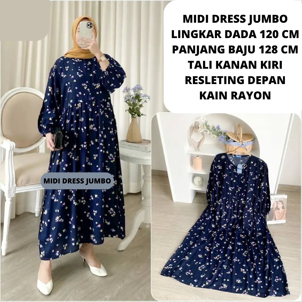 Midi Dress Jumbo Rayon Viscose Busui Resleting Depan