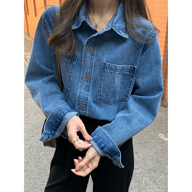 EUNII Kemeja Denim Wanita Lengan Panjang All-match Oversize Jaket Retro Korean Style Baju wanita