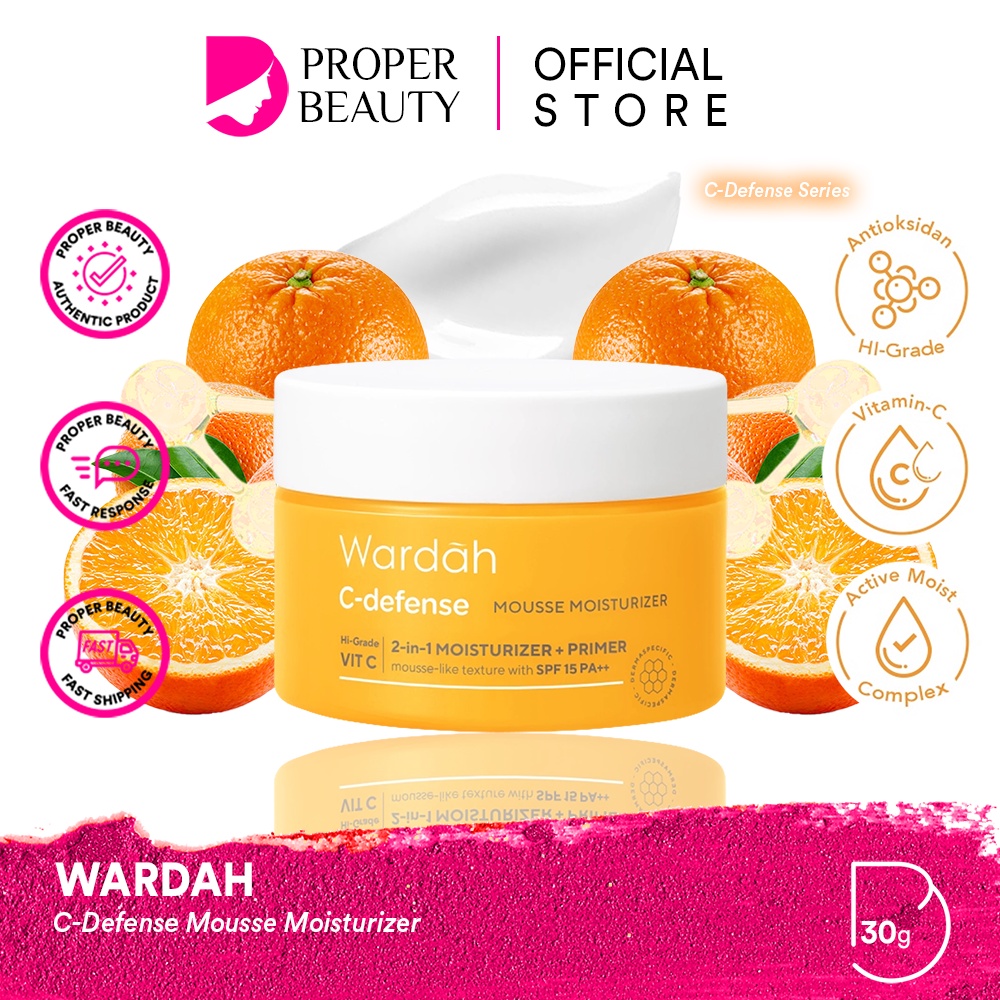 WARDAH C-Defense Mousse Moisturizer Indonesia / Pelembab Wajah 30g / Hi-Grade Vit C 2 In 1 Moisturizer + Primer Mousse Like Texture With SPF 15 PA++ / Skincare Face Care Series Treatment / Energizing Creamy Wash Whip Foam Serum Mist DD Cream Sleeping Mask