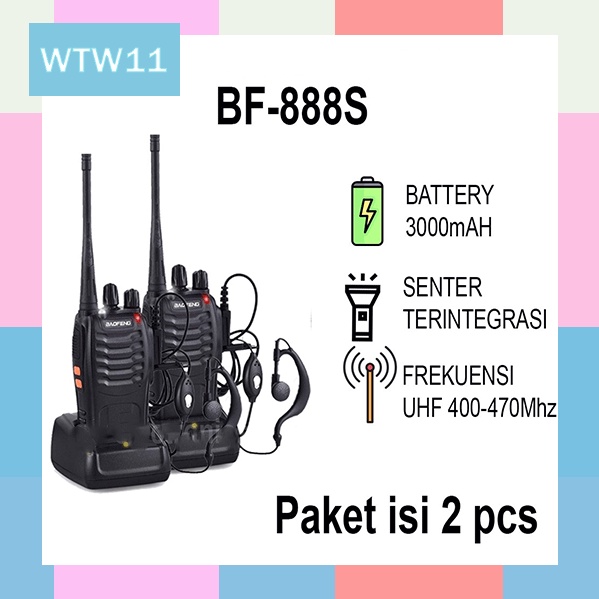 WTW11  Baofeng 888S 5W 16Ch 400-470MHz Interphone Radio Dua Arah Walkie Talkie (Hitam) Set 2 atau 1