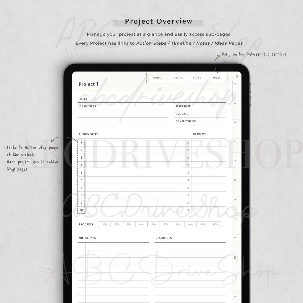 Digital Planner &amp; Journal - Project Planner with Timeline &amp; Action Steps