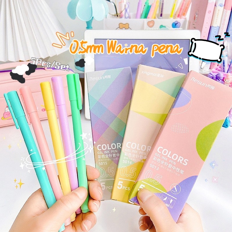 5Pcs/Set Color Gel Pen Warna 0.50mm / Pulpen Gel Warna Warni 0.50mm Macarons pena-Doo