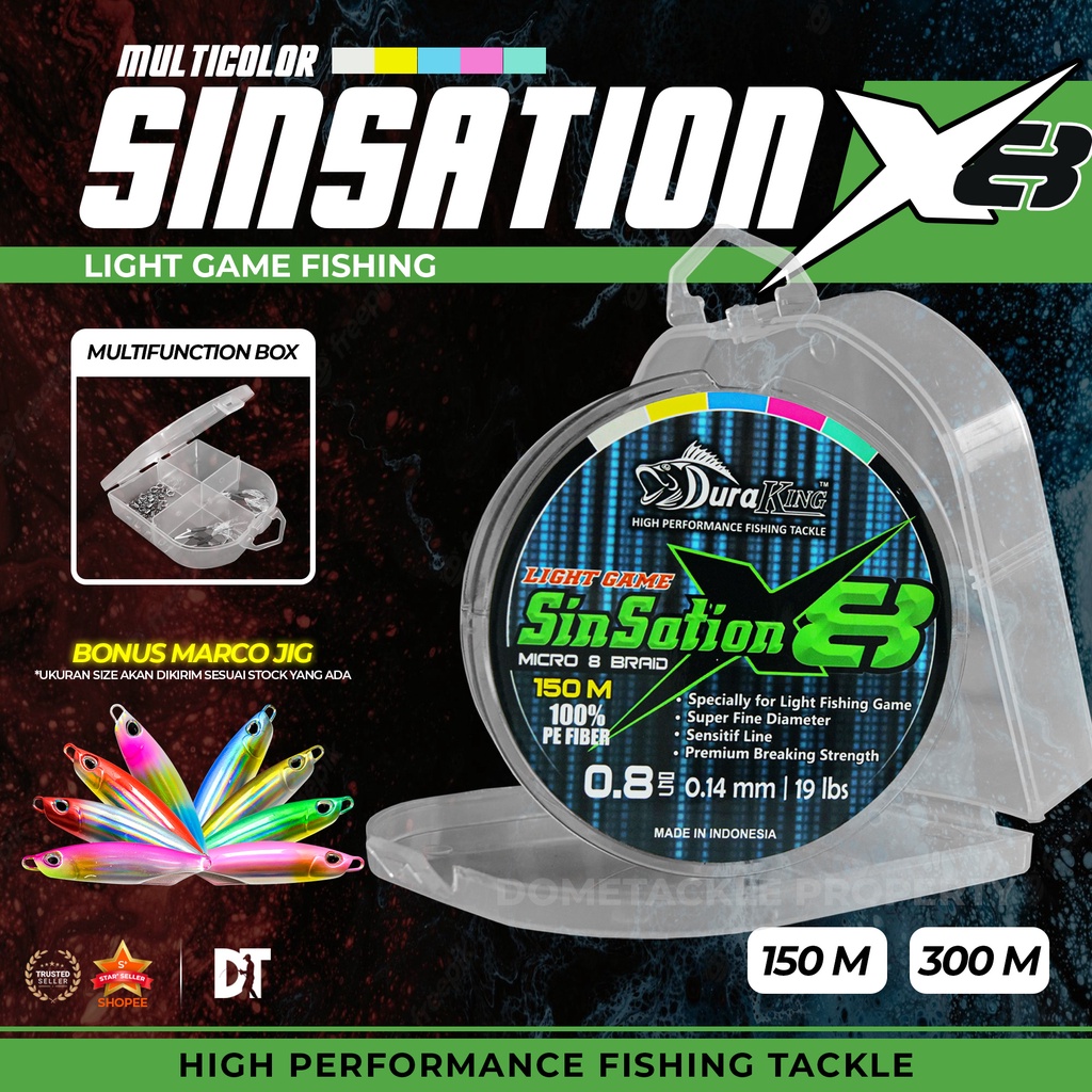 New Duraking Sinsation 8X Senar Pancing GT Braid Benang PE Multicolour 150 Meter PE 0.6 0.8 PE