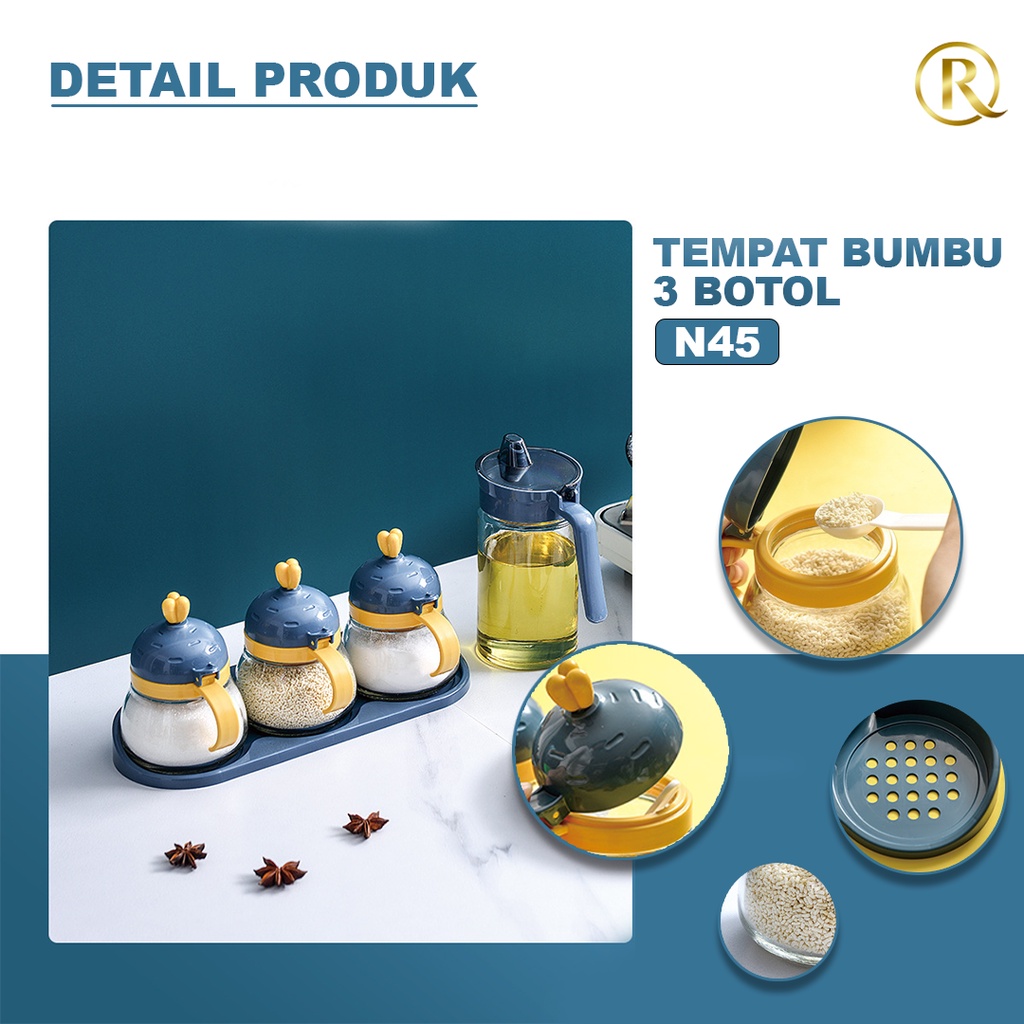 Tempat Bumbu Dapur Kaca N45 250g isi 3 Botol dengan Sendok dan Tatakan