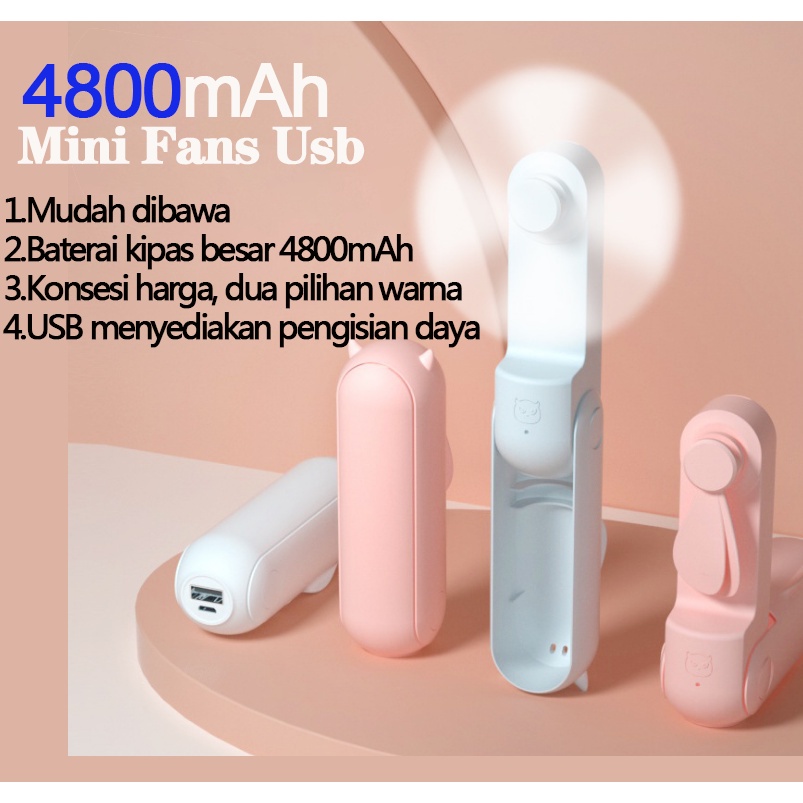 Kipas Angin Portable Fan Usb Kipas Angin Mini +4800mAh  Power Bank + USB Charger 2IN1  Rechargeable Pocket Desk Handheld Fan