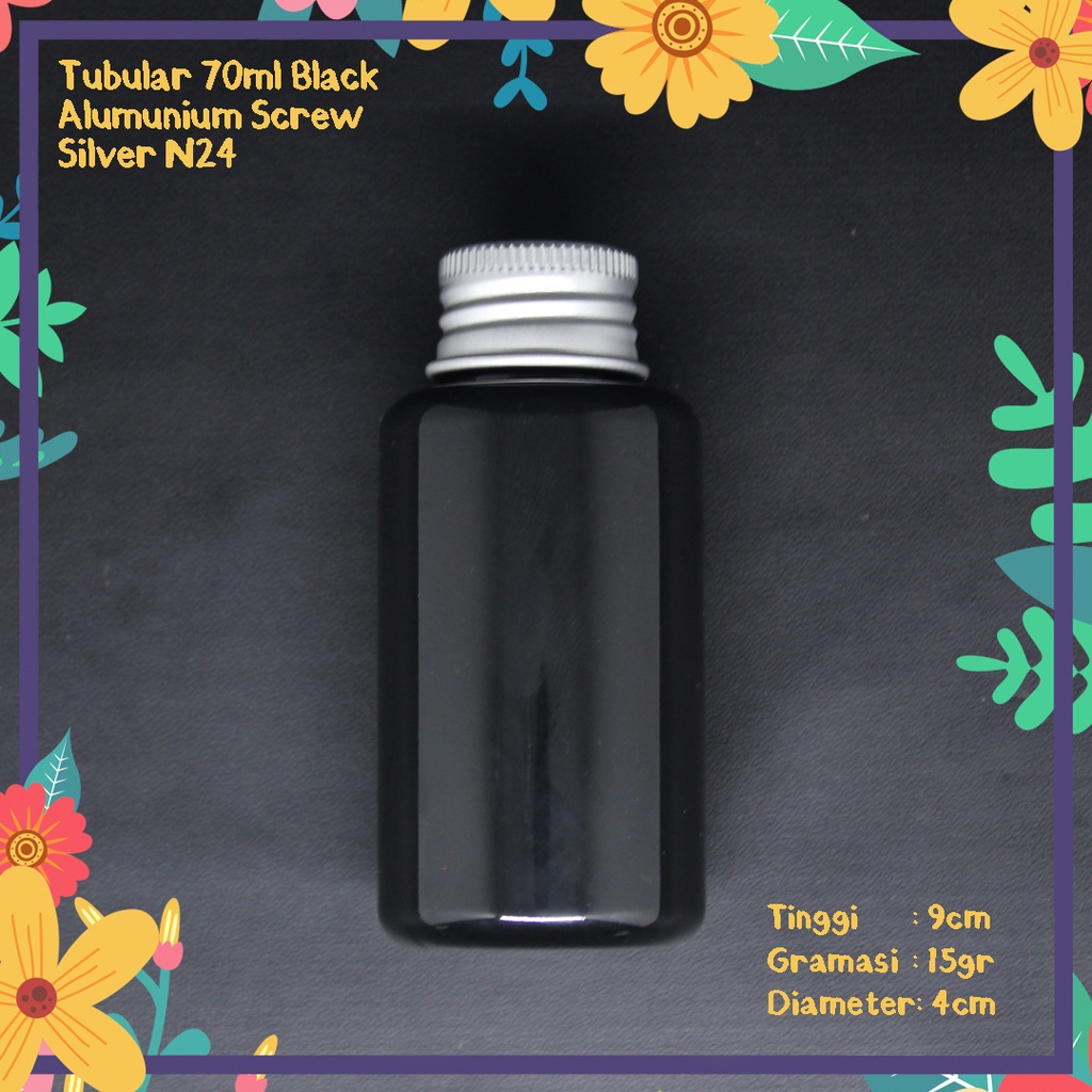 BOTOL 70ML HITAM TUTUP ULIR ALUMUNIUM SILVER IMPORT N24 TUBULAR MURAH TEBAL KEMASAN KOSMETIK PARFUME