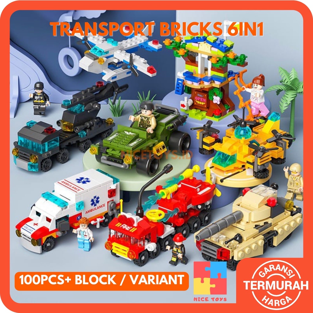 Mainan Transport Bricks 6 in 1 Block Mainan Anak Blocks Mainan Block Balok Susun Mobil Mainan Mobil Rakit Bricks Block