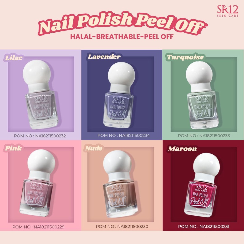 NAIL POLISH PEEL OFF SR12 / KUTEK HALAL KERING 2 MENIT / MUDAH DIKELUPAS WATER BASED / NON ALKOHOL