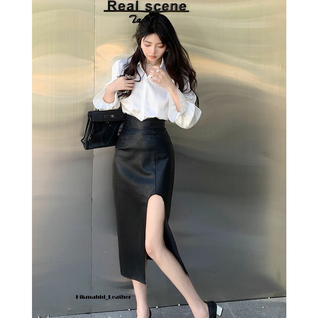 Rok Kulit Midi Belah Pinggir Model Korea Rok Kulit Modern 2023 Untuk Ngantor Dan Fashion Style Hikmahid