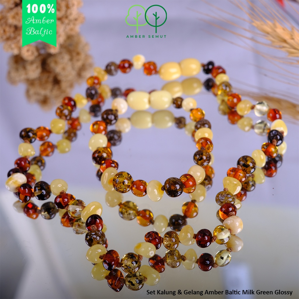 PROMO FREE GELANG AMBER - Kalung Amber Baltic Bayi dan Anak Set Milk Green Glossy by AMBER SEMUT