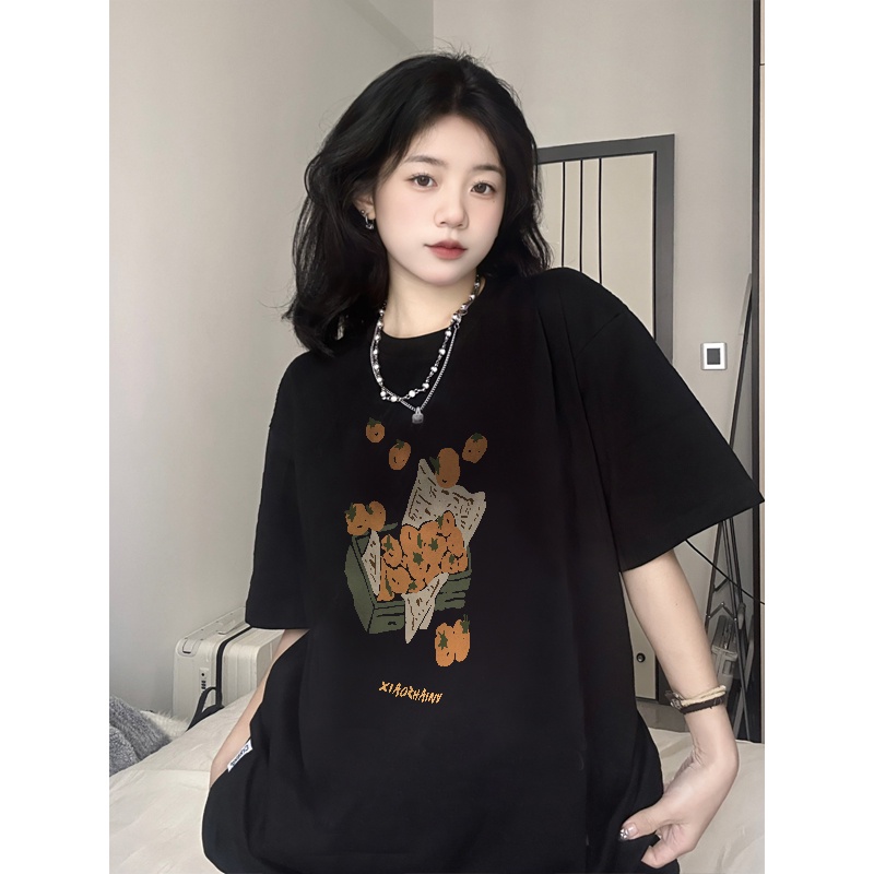 kaos hitam oversize wanita lengan pendek kekinian orange graphic print kaos basic ootd