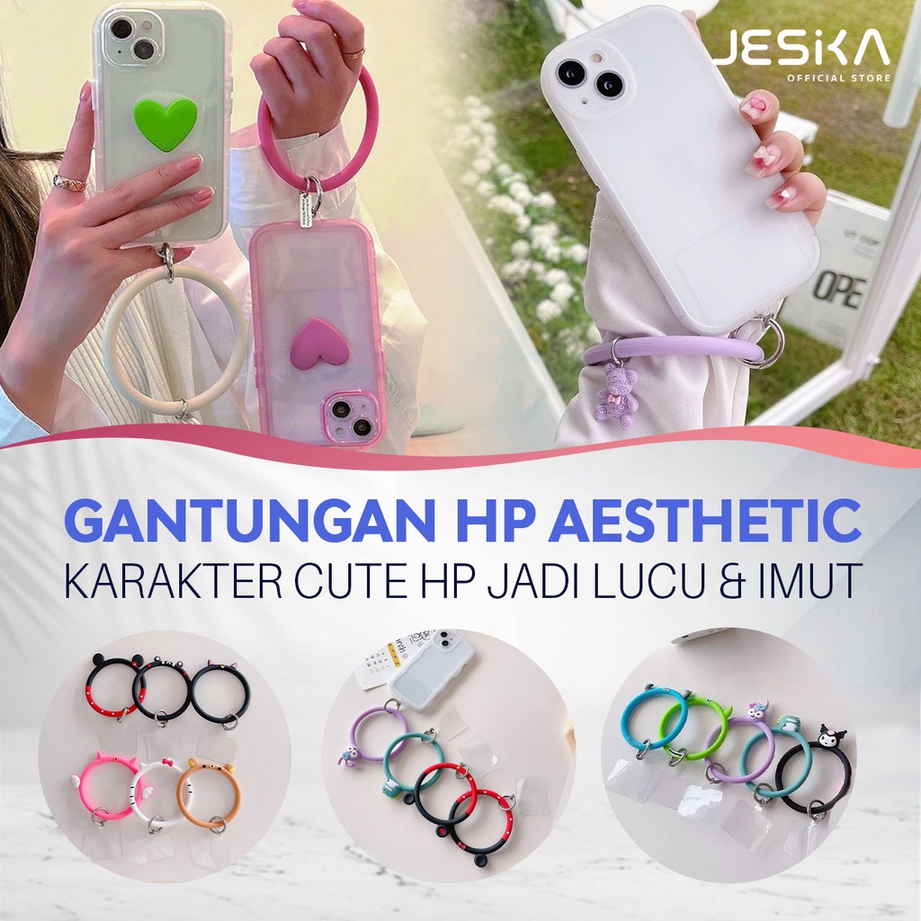 Gantungan hp android iphone kunci bulat gelang tangan aesthetic estetik silikon elastis unik keren waterproof anti air karakter lucu warna hitam ungu pink biru cowok cewek