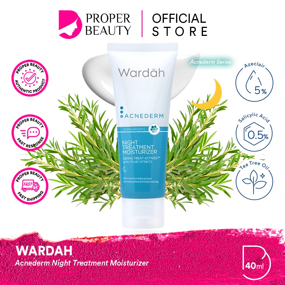 WARDAH Acnederm Night Treatment Moisturizer Indonesia / Pelembab Wajah 40ml / Derma Treat Actives With 7 Plant Extracts / Samarkan Bekas Jerawat Mencerahkan Kulit Terlelap / Skincare Face Care Series / Foaming Cleanser Toner Serum Day Acne Spot Gel Powder