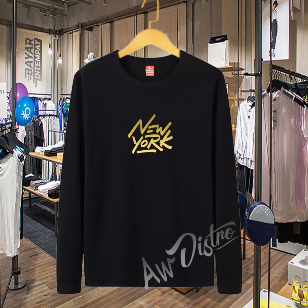 COD Baju Kaos Distro NEW YORK 006 Teks Gold Premium Quality Lengan Panjang Kaos Tulisan Kaos Kata-Kata Kaos Sablon Big Size