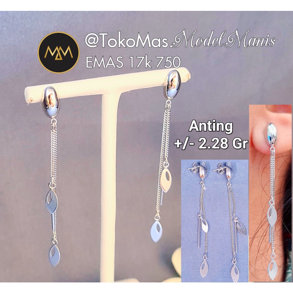 Anting tusuk panjang sisik naga mini emas putih 750 kadar 17k
