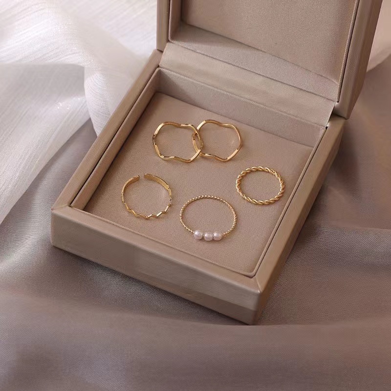 5pcs / Set Cincin Mutiara Geometris Gaya Korea Untuk Aksesoris Wanita