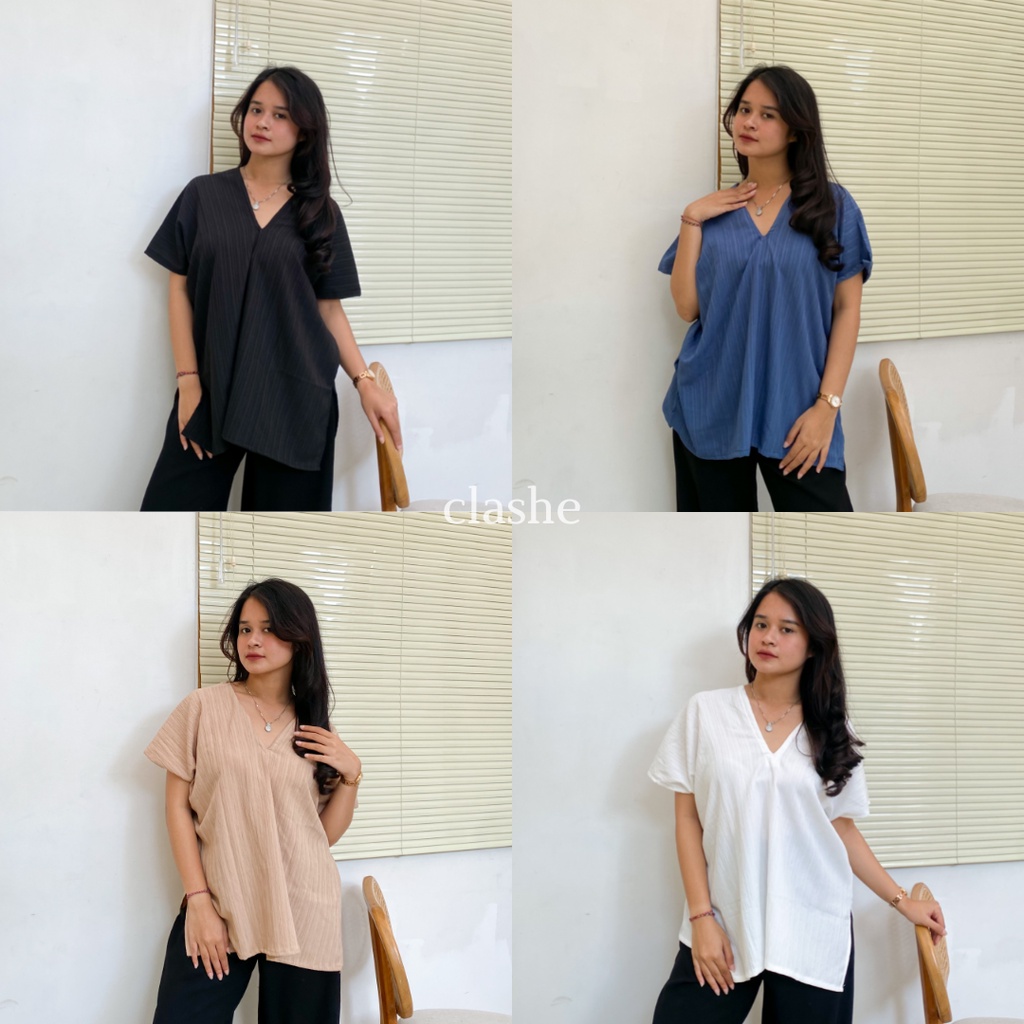 Long Square V Neck Atasan Viral Blouse Wanita Lady Crush Crinkle Anti Lecek Terbaru Kekinian Izzy Top by Clashe