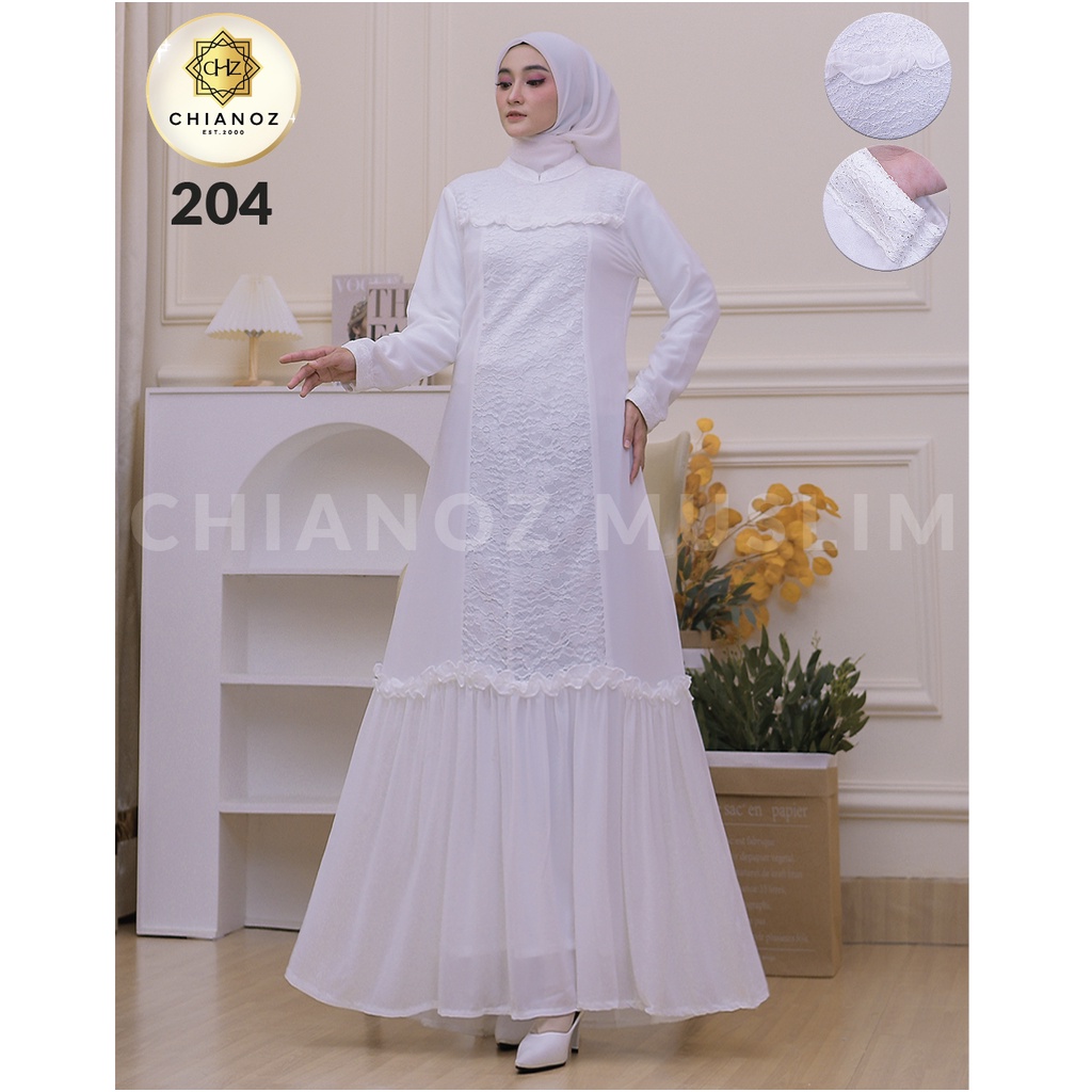 CHIANOZ Gamis Putih Mewah Intan Dress Brukat Renda Baju Lebaran Umroh Haji Manasik Pesta Akad 204 506